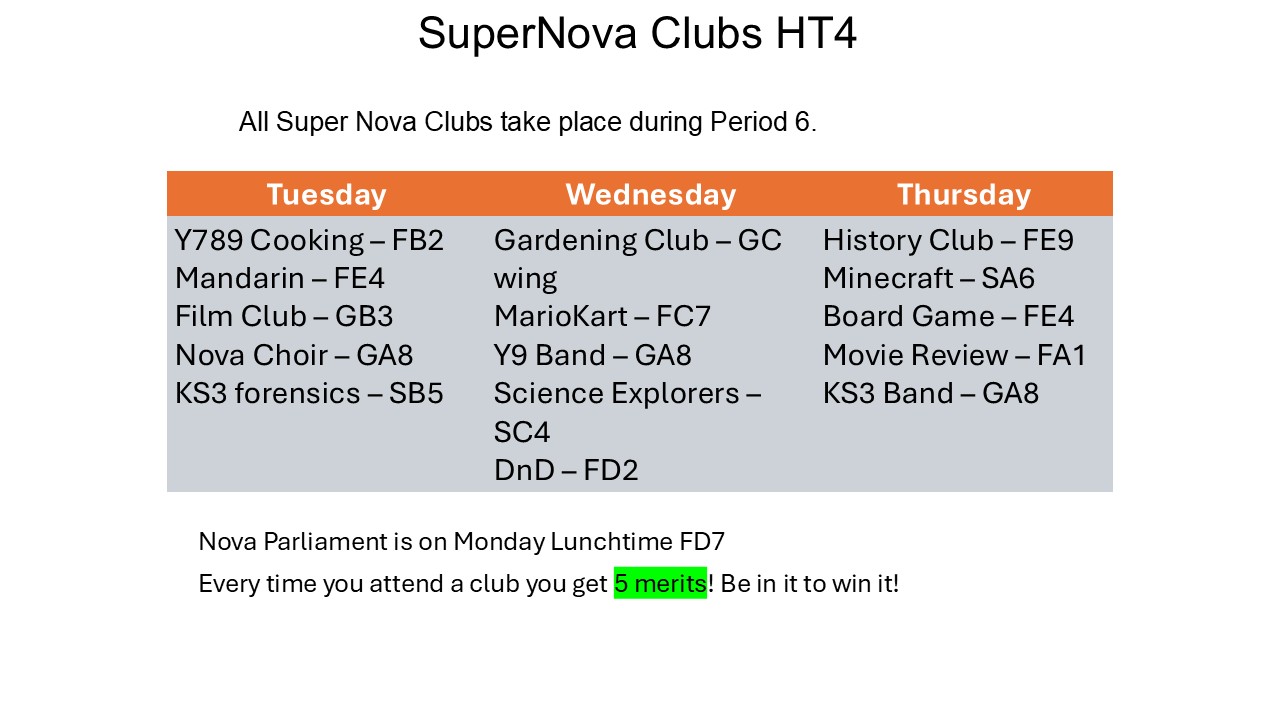 Half Term 4 SuperNova Timetable