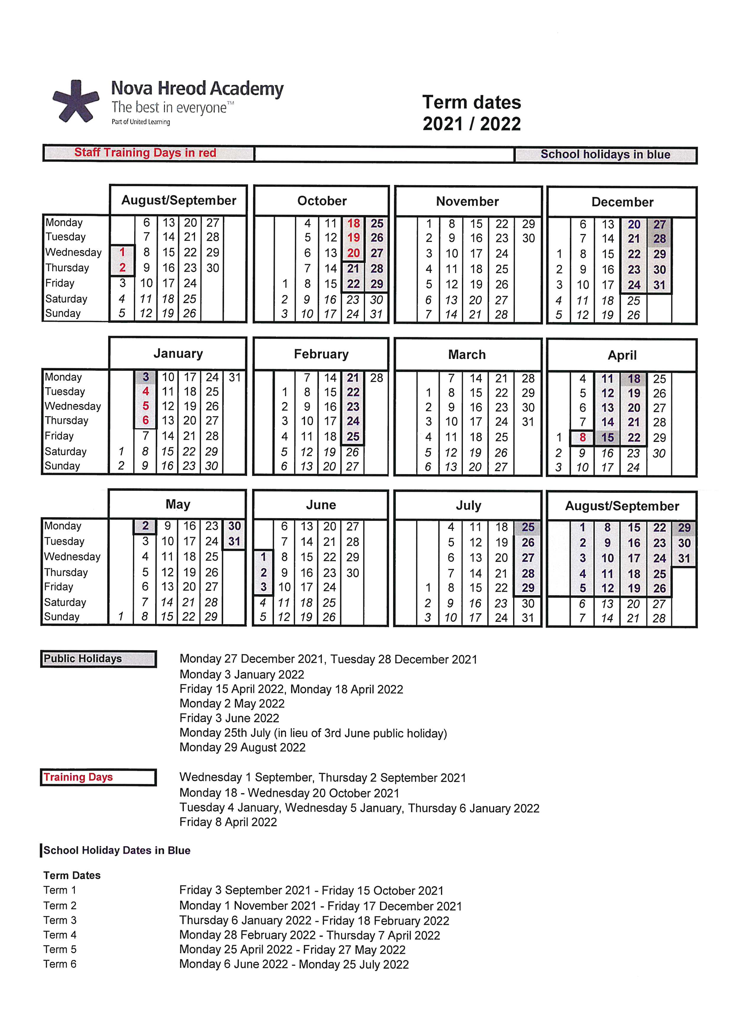 Nova Academic Calendar 2022 Nova Hreod Academy > Information For Parents > Term Dates